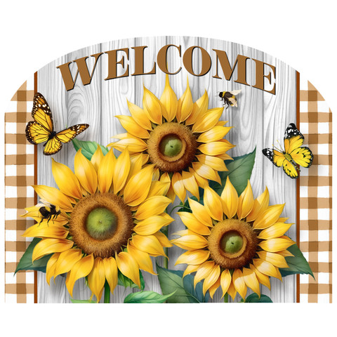Sunflower Duo Acrylic Art Sign, yellow sunflowers, butterflies, and welcome text on wooden background.