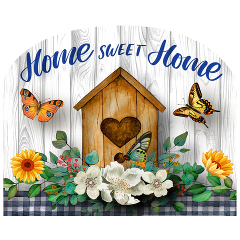 Country Home Sweet Home Acrylic Art Sign with butterflies, flowers, and heart-shaped birdhouse design.