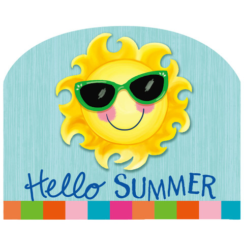 Hello Summer Sun Acrylic Art Sign with smiling sun wearing green sunglasses on blue background.