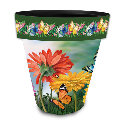 Butterflies and Daisies Large Planter with colorful floral and butterfly design on green background.