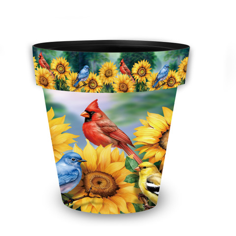 Birds in the Garden Medium Planter with vibrant sunflowers and colorful birds design.