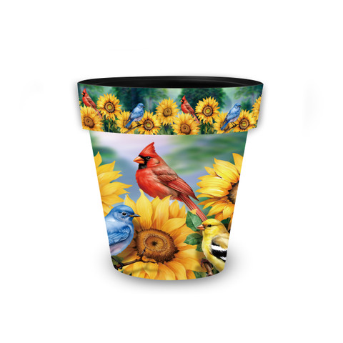 Birds in the Garden Small Planter with vibrant red cardinal, blue bird, and yellow finch amidst sunflowers.