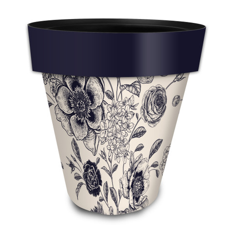 Large Woodcut Floral Planter with white base, navy blue rim and floral design.