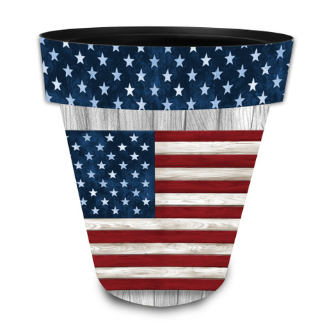 Large wooden American flag planter with stars and stripes design on a white background.