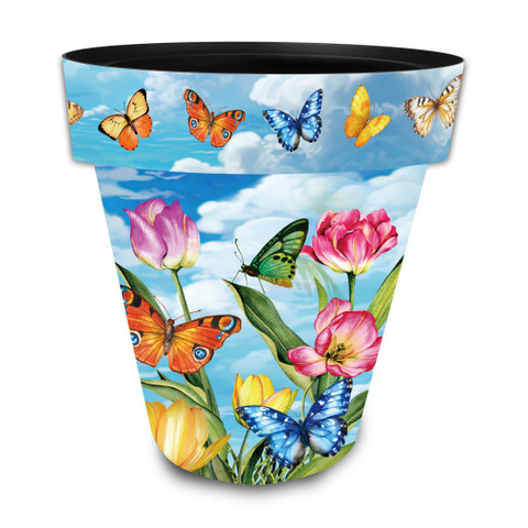 Large planter with colorful butterflies, flowers, and clouds design, Sunshine Butterflies theme, vibrant floral pattern.