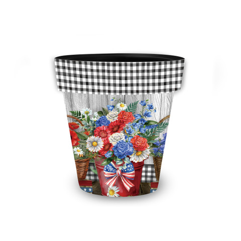 Small Red White and Beautiful Planter with black gingham and floral design on white background.