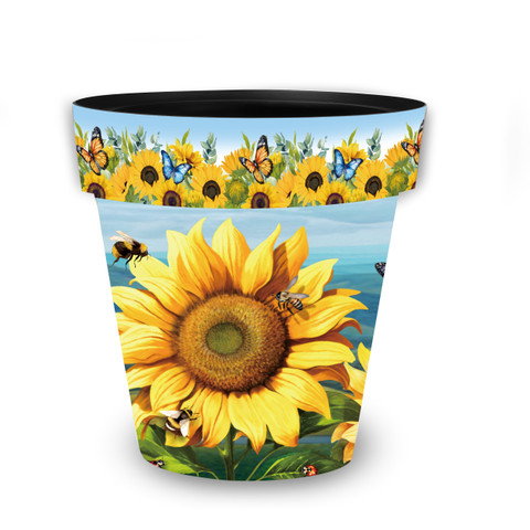 Sunflower Dance Medium Planter, vibrant yellow sunflower design with bees and butterflies on a blue background.