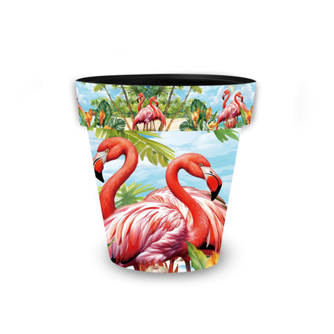 Small planter with pink flamingos, tropical leaves, and blue background, Flamingo Pair Small Planter design.