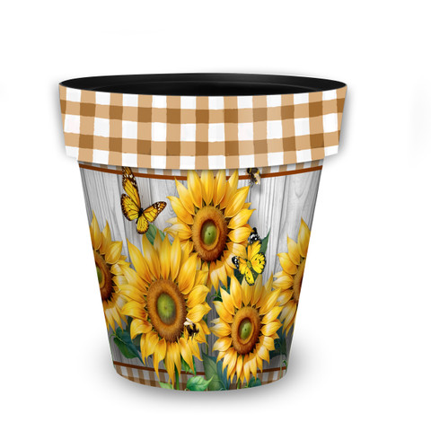 Sunflower Duo Medium Planter, brown gingham rim, featuring yellow sunflowers and butterflies on a white background.