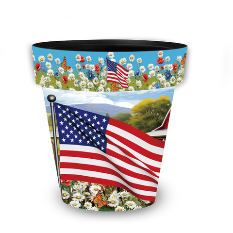 American Flower Field Medium Planter with patriotic floral design and American flag on white background.