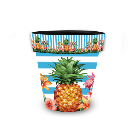 Pineapple and Stripes Small Planter with blue stripes, pineapple and tropical floral design on white background.