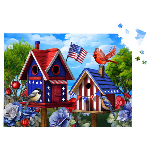 Patriotic birdhouses with American flag, flowers, and birds, 1000 piece jigsaw puzzle with red cardinals.