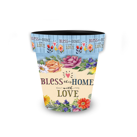 Bless This Home With Love small planter with colorful floral design and inspirational quote on cream background.