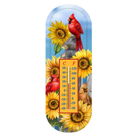 Cardinals and Sunflowers metal thermometer with red cardinals, sunflowers, and temperature gauge on blue background.