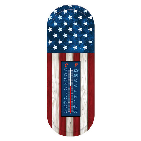 Wooden flag metal thermometer with American flag design and temperature gauge on a white background.