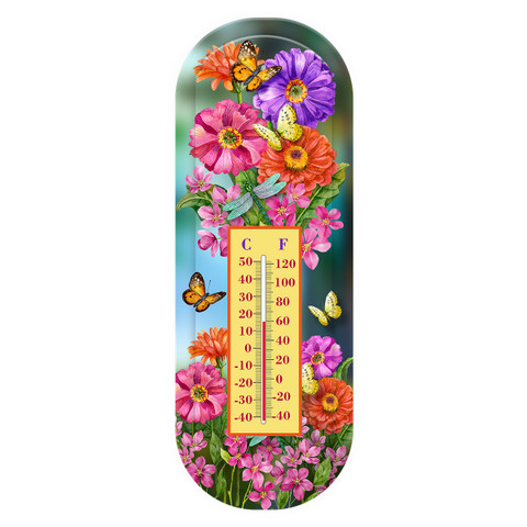 Zinnias in Bloom metal thermometer with colorful flowers and butterflies on a blue background.