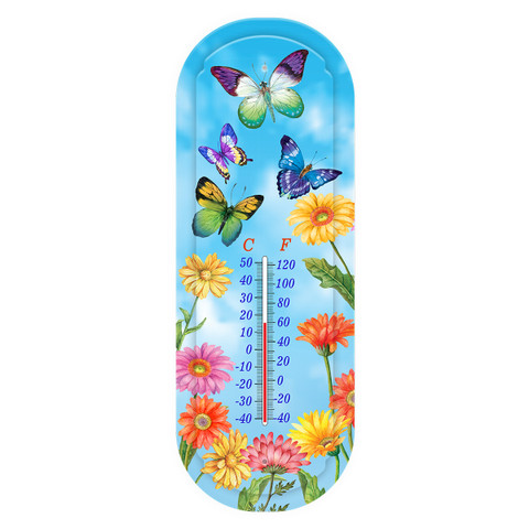 Fluttering Butterflies Metal Thermometer with colorful butterflies and flowers on a blue background with temperature scale.