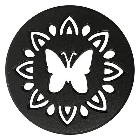 Black rubber stepping stone with white butterfly and floral design, Butterfly Rubber Stepping Stone.