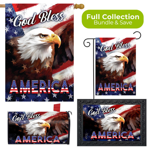 God Bless America Eagle Collection garden flags and yard sign with American flag and eagle designs.