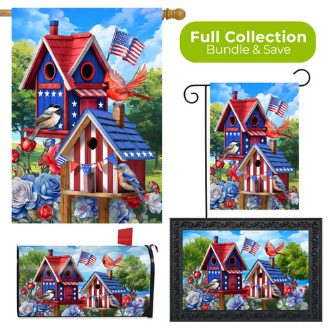 Home of the Free Birdhouses Collection, patriotic red blue birdhouse with garden flag and decor set.