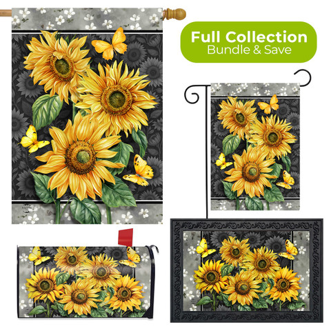 Elegant Sunflowers Collection garden decor set with yellow flowers and butterflies on black background.