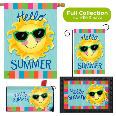 Hello Sun Summer Collection garden flags and pillow with smiling sun wearing sunglasses colorful designs.