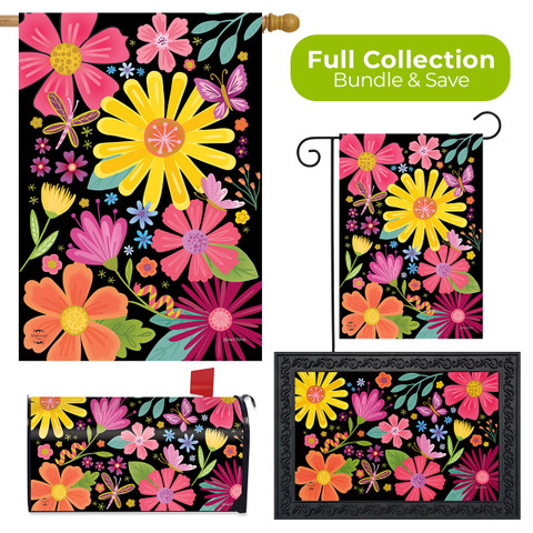Spring Fling Collection garden flags and decor with colorful floral designs on black background.