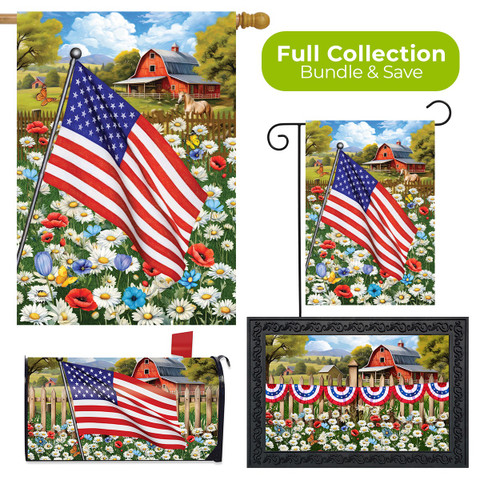 American Flower Field Collection garden flags with American flag and floral patterns in various sizes.