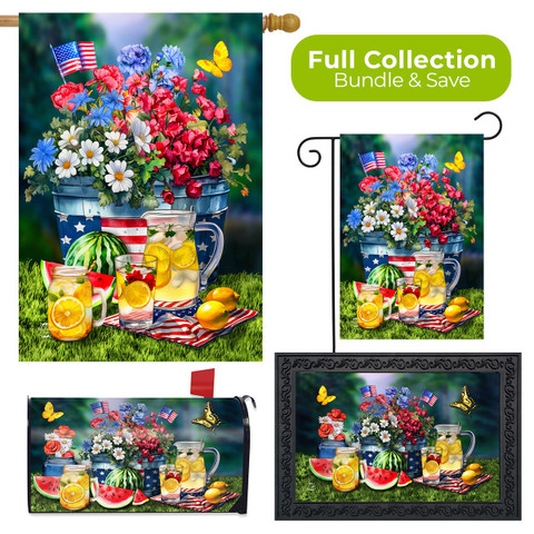 American Lemonade Collection garden flag, doormat, and mat set with floral and patriotic lemonade design.