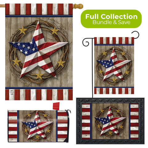 American Barn Star Collection garden flags and doormat with patriotic star design on wood background.