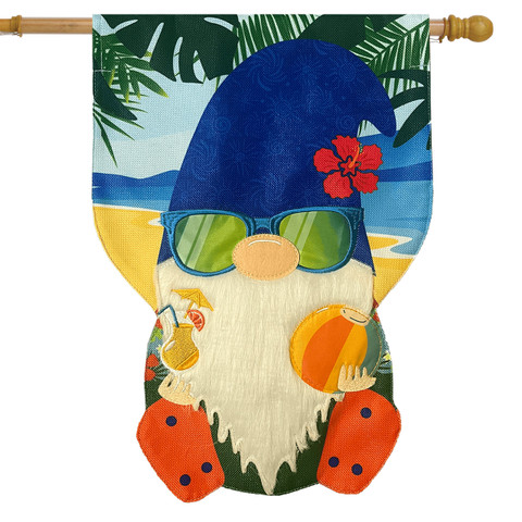 Summertime Gnome Burlap House Flag with blue hat, sunglasses, and beach themed tropical design.
