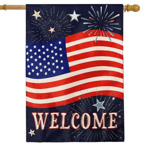Celebrate America Burlap House Flag with patriotic fireworks and Welcome text on dark blue background.