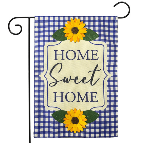Blue checkered burlap garden flag with sunflowers and Home Sweet Home text on a hanger.