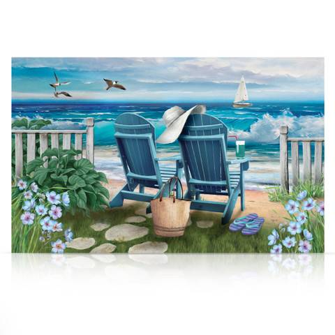 Seaside Escape Large LED Canvas Art, blue beach chairs, ocean view, sailboat, flowers, and seagulls.