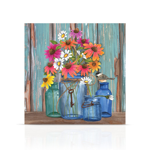 Vibrant flowers in colorful jars on wooden shelf against rustic blue background, Farm Fresh Flowers Spring art.