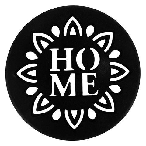 Black Home Rubber Stepping Stone with white floral design and text reading HO ME.