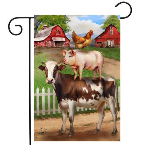 Farm Friends Garden Flag with cow, pig, and chicken on a farm scene background design.