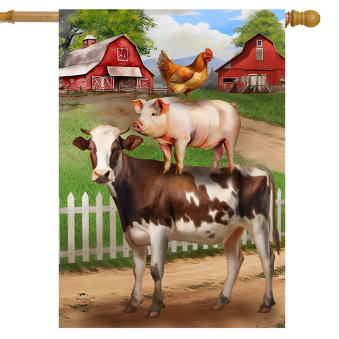 Farm Friends House Flag with cow, pig, and chicken on a farm scene background design.