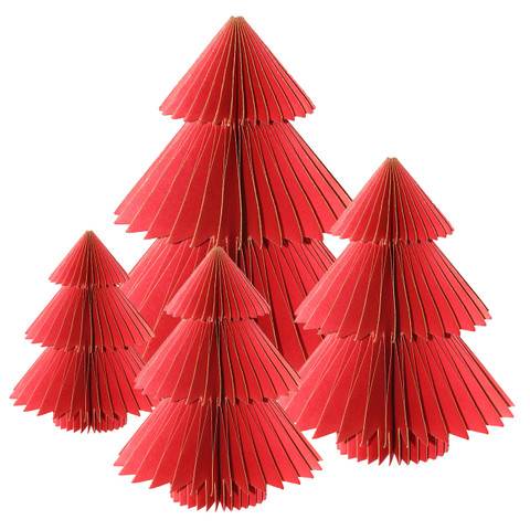 Red magnetic honeycomb paper Christmas trees in various sizes, multipack of four S-M-L-XL decorative trees.