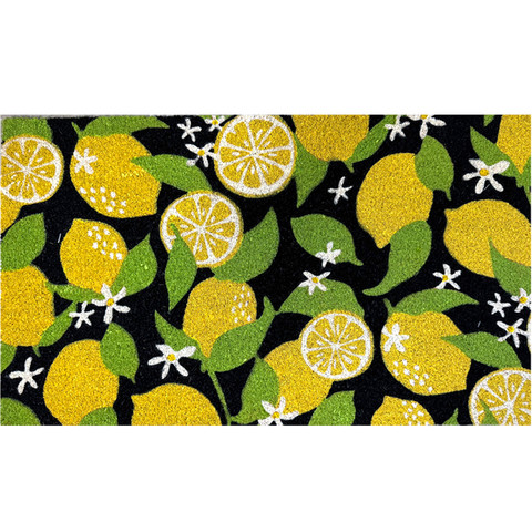 Lemons Coir Doormat 18 x 30 with yellow lemons, green leaves, and white flowers on black.