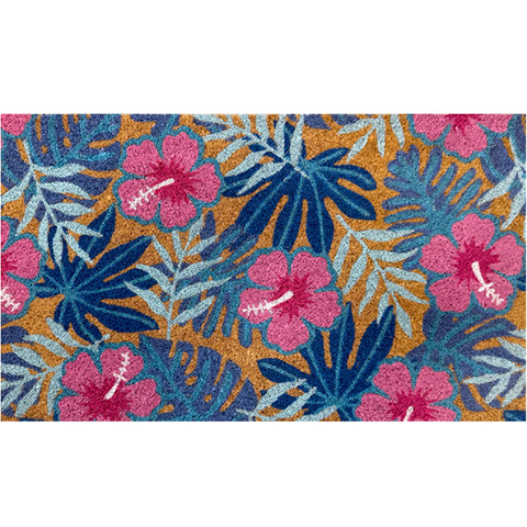 Pink and blue tropical floral coir doormat with hibiscus flowers and leaves on brown background 18x30.