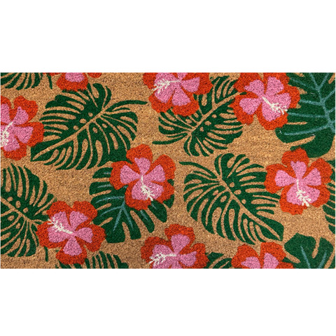 Paradise Blooms Coir Doormat 18 x 30 with pink flowers and green leaves on natural fiber.