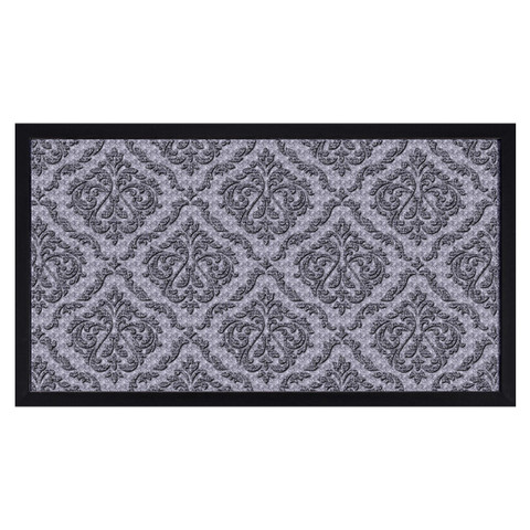 Gray Paisley Standard Flocked Doormat with black border and gray paisley design on white background.