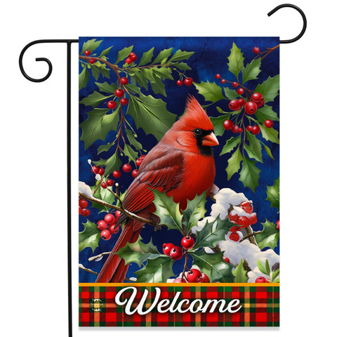 Cardinal and Holly Garden Flag with red bird, holly, and Welcome text on plaid background.