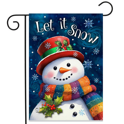Friendly Winter Snowman Garden Flag with colorful scarf, hat, and holly on a snowy blue background.