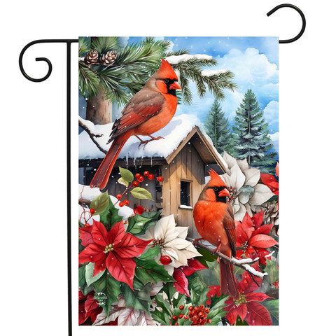 Cardinals and Poinsettias Garden Flag with red cardinals, white and red poinsettias, and snow-covered house.