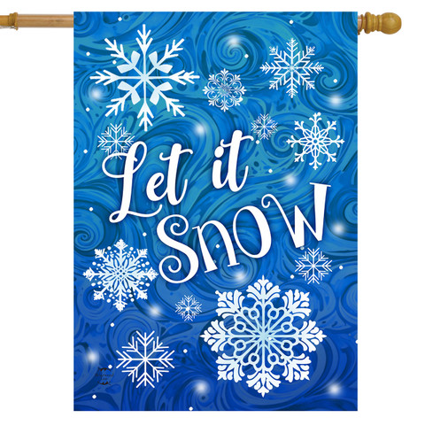 Let It Snow Snowflakes House Flag, blue background with white snowflakes and text on house flag.