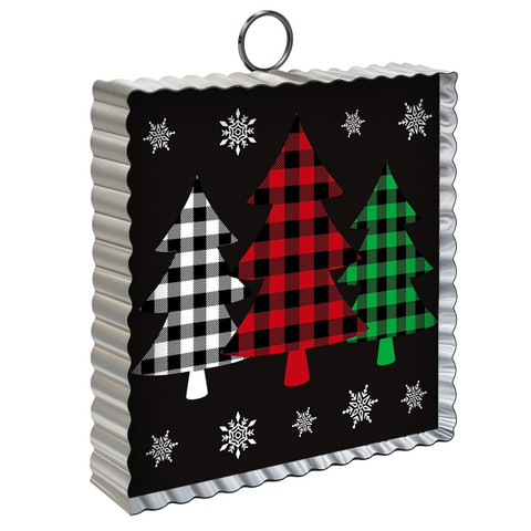 Metal mini ornament with checkered trees in red, green, and white on a black background.