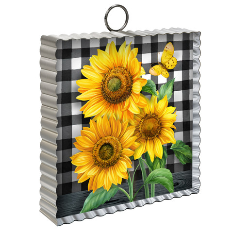 Metal mini moment with checkered sunflowers and black and white background, yellow flowers and butterfly design.