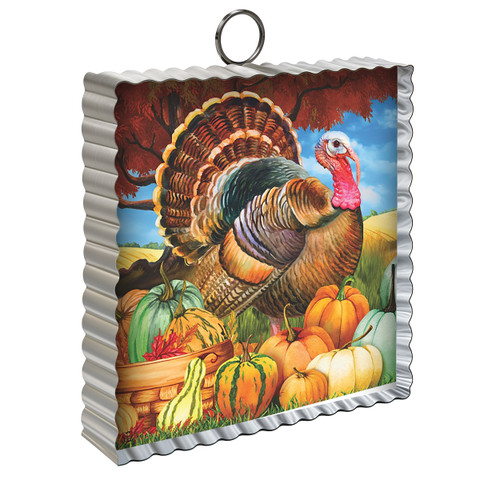 Turkey and Pumpkins Metal Mini Moment, silver frame, colorful turkey, pumpkins, and fall scenery depicted.